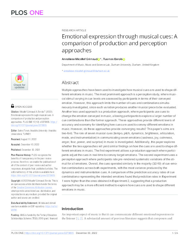 Emotional expression through musical cues: A comparison of production and perception approaches Thumbnail