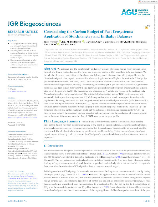 Constraining the Carbon Budget of Peat Ecosystems: Application of Stoichiometry and Enthalpy Balances Thumbnail