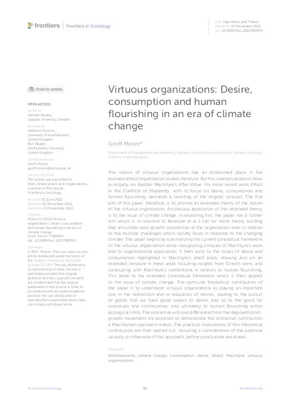 Virtuous organizations: Desire, consumption and human flourishing in an era of climate change Thumbnail