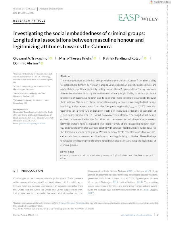 Investigating the social embeddedness of criminal groups: Longitudinal associations between masculine honour and legitimizing attitudes towards the Camorra Thumbnail