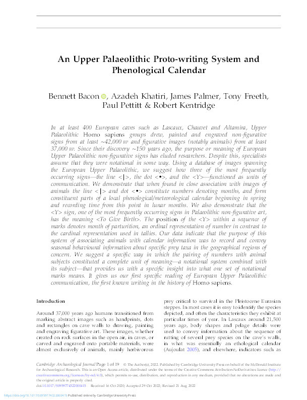 An Upper Palaeolithic Proto-writing System and Phenological Calendar Thumbnail