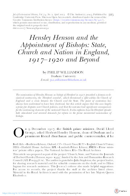 Hensley Henson and the appointment of bishops: state, church and nation in England, 1917–1920 and Beyond Thumbnail