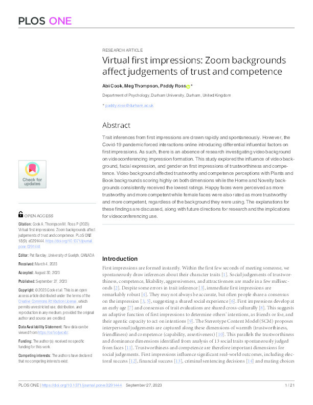 Virtual First Impressions: Zoom backgrounds affect judgements of trust and competence Thumbnail