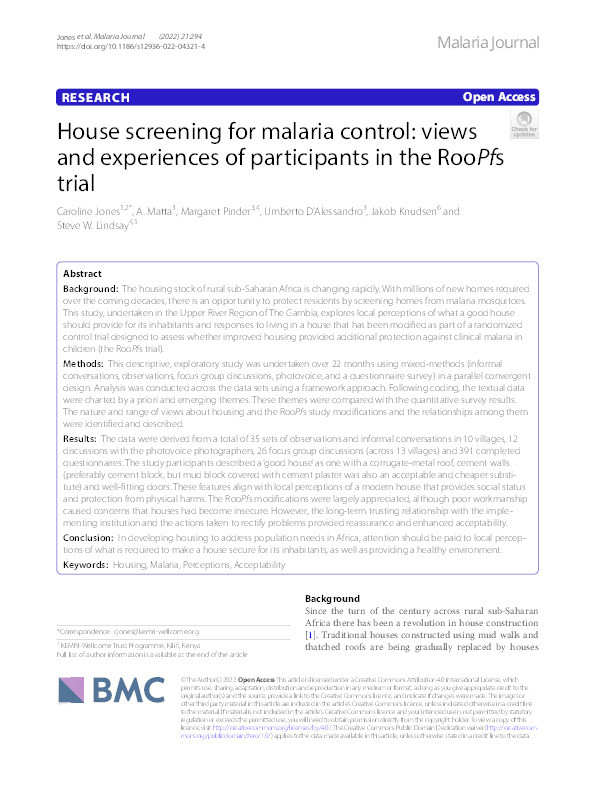 House screening for malaria control: views and experiences of participants in the RooPfs trial Thumbnail