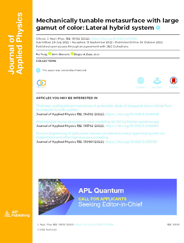 Mechanically tunable metasurface with large gamut of color: Lateral hybrid system Thumbnail