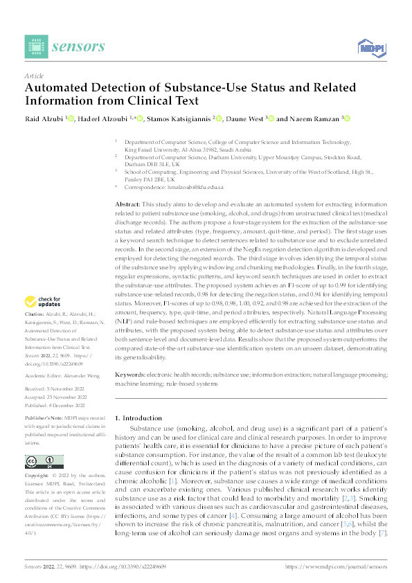 Automated Detection of Substance-Use Status and Related Information from Clinical Text Thumbnail