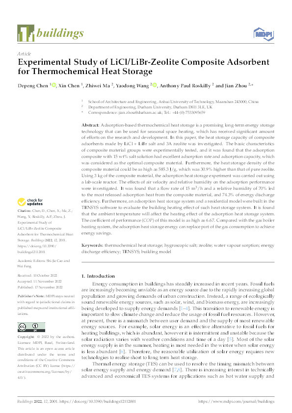 Experimental Study of LiCl/LiBr-Zeolite Composite Adsorbent for Thermochemical Heat Storage Thumbnail