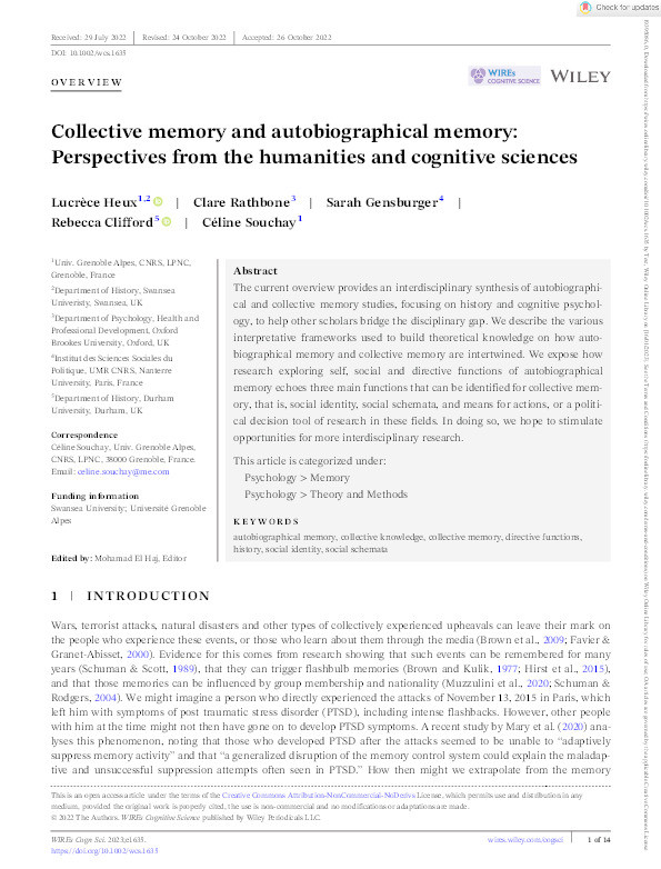 Collective memory and autobiographical memory: Perspectives from the humanities and cognitive sciences Thumbnail