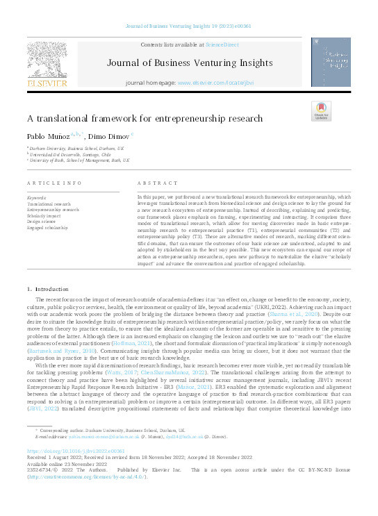 A translational framework for entrepreneurship research Thumbnail