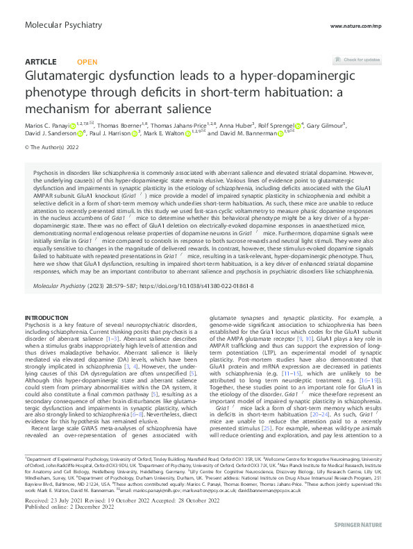 Glutamatergic dysfunction leads to a hyper-dopaminergic phenotype through deficits in short-term habituation: a mechanism for aberrant salience Thumbnail