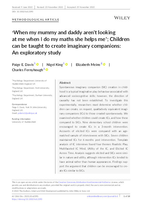 ‘When my mummy and daddy aren't looking at me when I do my maths she helps me’; Children can be taught to create imaginary companions: An exploratory study Thumbnail