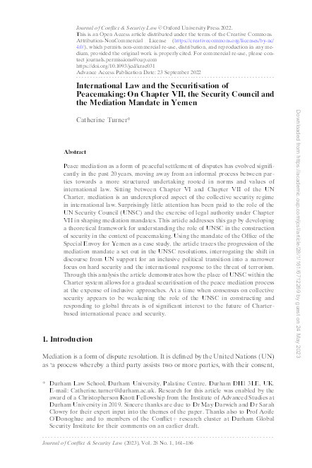 International Law and the Securitisation of Peacemaking: On Chapter VII, the Security Council and the Mediation Mandate in Yemen Thumbnail