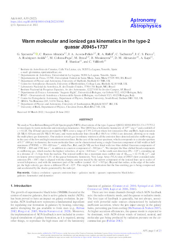 Warm molecular and ionized gas kinematics in the type-2 quasar J0945+1737 Thumbnail