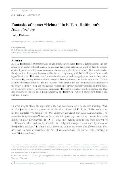 Fantasies of Home: Heimat in E. T. A. Hoffmann's 'Haimatochare' Thumbnail