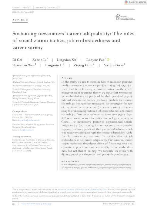 Sustaining newcomers' career adaptability: The roles of socialization tactics, job embeddedness and career variety Thumbnail