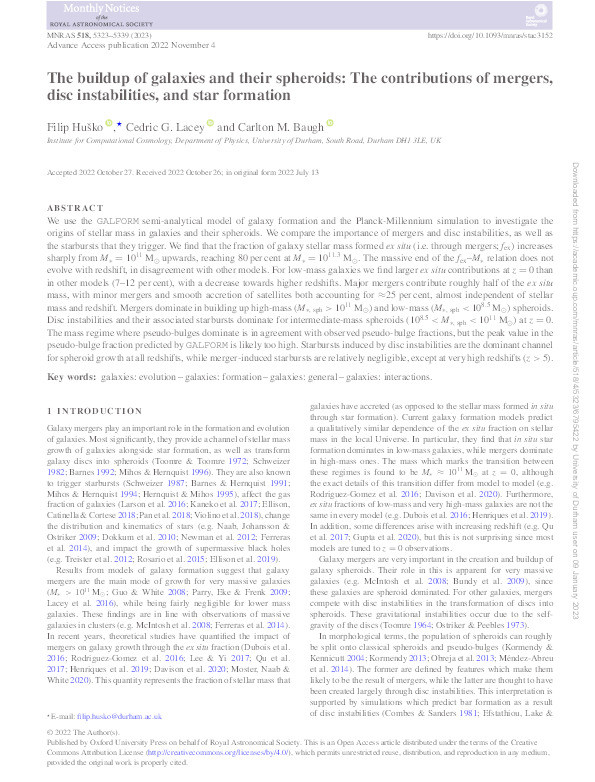 The buildup of galaxies and their spheroids: The contributions of mergers, disc instabilities, and star formation Thumbnail