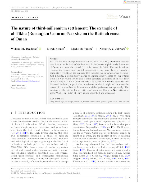 The nature of third‐millennium settlement: The example of al‐Tikha (Rustaq) an Umm an‐Nar site on the Batinah coast of Oman Thumbnail