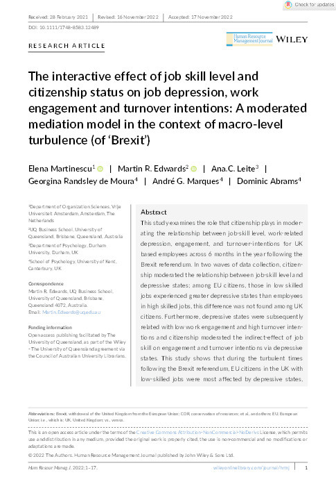 The interactive effect of job skill level and citizenship status on job depression, work engagement and turnover intentions: A moderated mediation model in the context of macro-level turbulence (of 'Brexit') Thumbnail