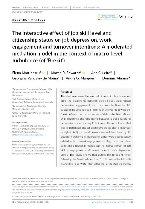 The interactive effect of job skill level and citizenship status on job depression, work engagement and turnover intentions: A moderated mediation model in the context of macro-level turbulence (of 'Brexit') Thumbnail