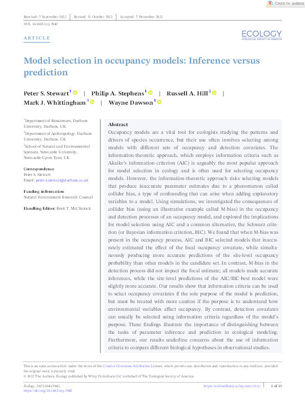 Model Selection in Occupancy Models: Inference versus Prediction Thumbnail