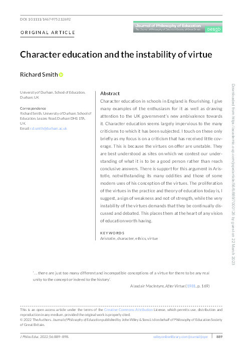 Character education and the instability of virtue Thumbnail