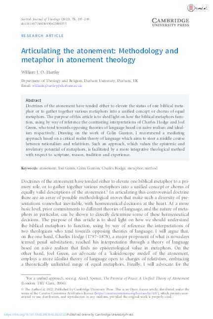 Articulating the atonement: Methodology and metaphor in atonement theology Thumbnail