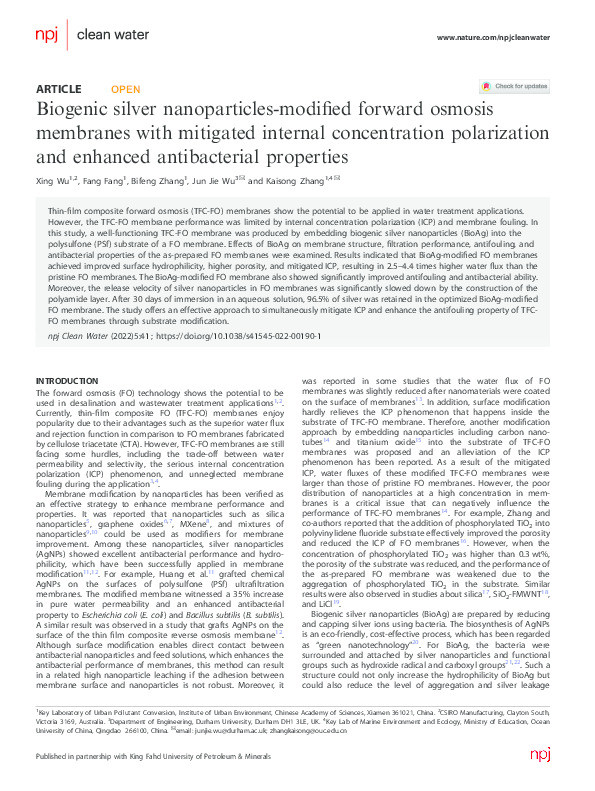 Biogenic silver nanoparticles-modified forward osmosis membranes with mitigated internal concentration polarization and enhanced antibacterial properties Thumbnail