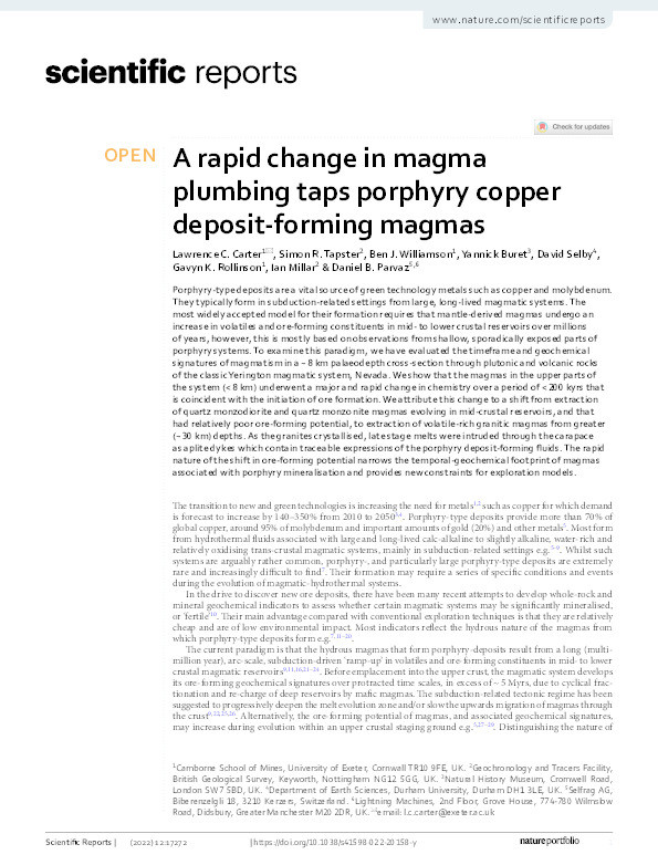 A rapid change in magma plumbing taps porphyry copper deposit-forming magmas Thumbnail