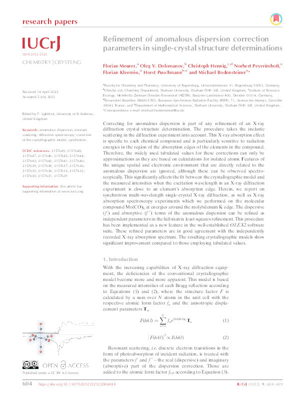 Refinement of anomalous dispersion correction parameters in single-crystal structure determinations Thumbnail