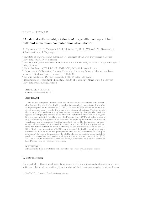 Aided- and self-assembly of the liquid crystalline nanoparticles in bulk and in solution: computer simulation studies Thumbnail