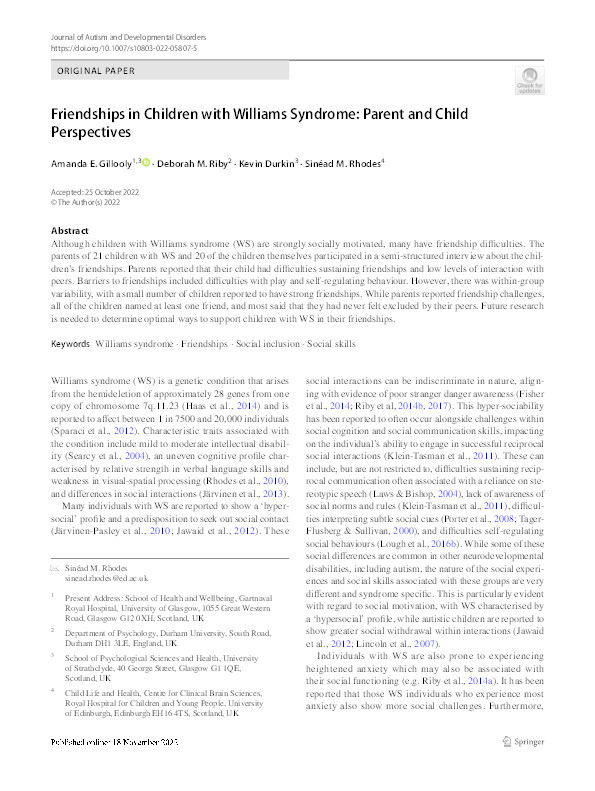 Friendships in children with Williams syndrome: Parent and child perspectives Thumbnail