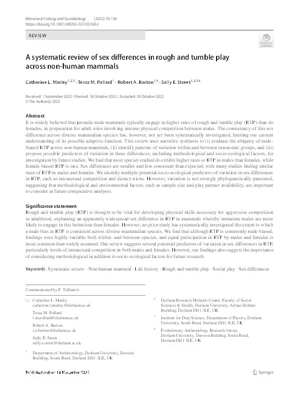 A systematic review of sex differences in rough and tumble play across non-human mammals Thumbnail