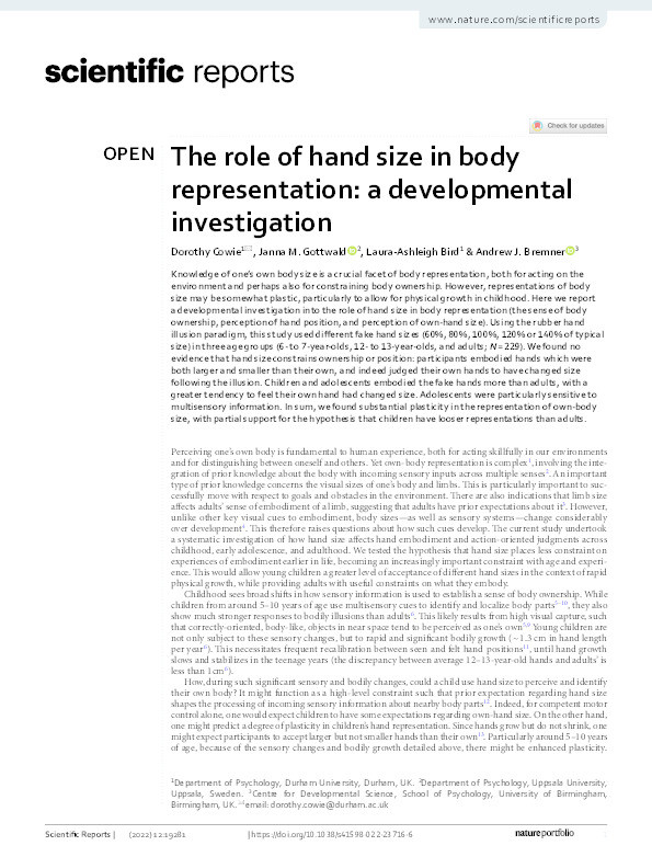 The role of hand size in body representation: a developmental investigation Thumbnail
