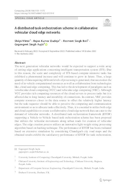 A distributed task orchestration scheme in collaborative vehicular cloud edge networks Thumbnail