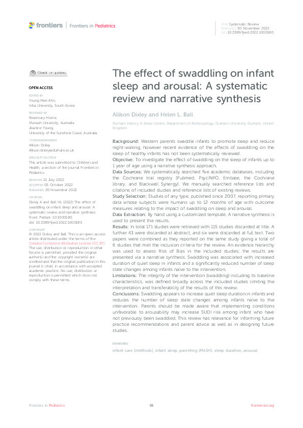 The effect of swaddling on infant sleep and arousal: A systematic review and narrative synthesis Thumbnail