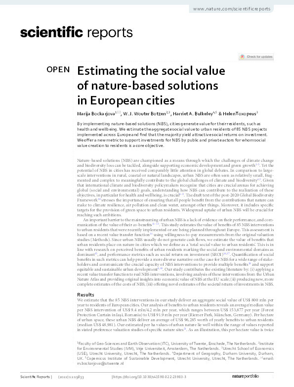 Estimating the social value of nature-based solutions in European cities Thumbnail