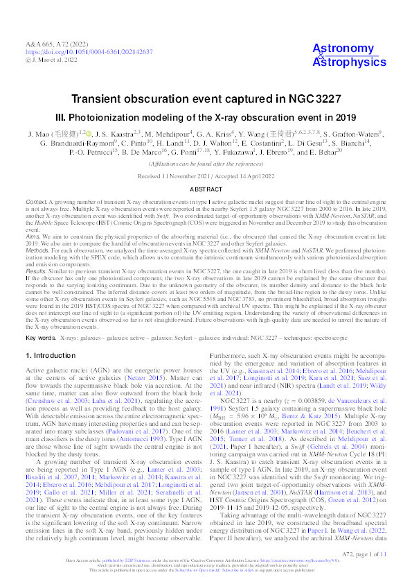 Transient obscuration event captured in NGC 3227 III. Photoionization modeling of the X-ray obscuration event in 2019 Thumbnail
