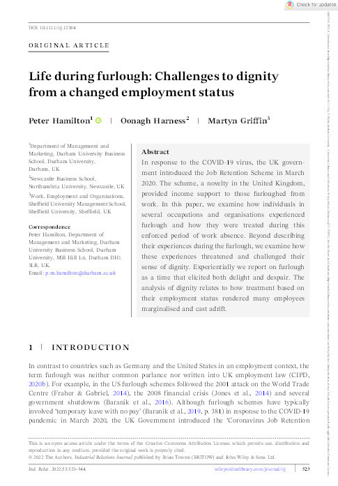Life during furlough: Challenges to dignity from a changed employment status Thumbnail