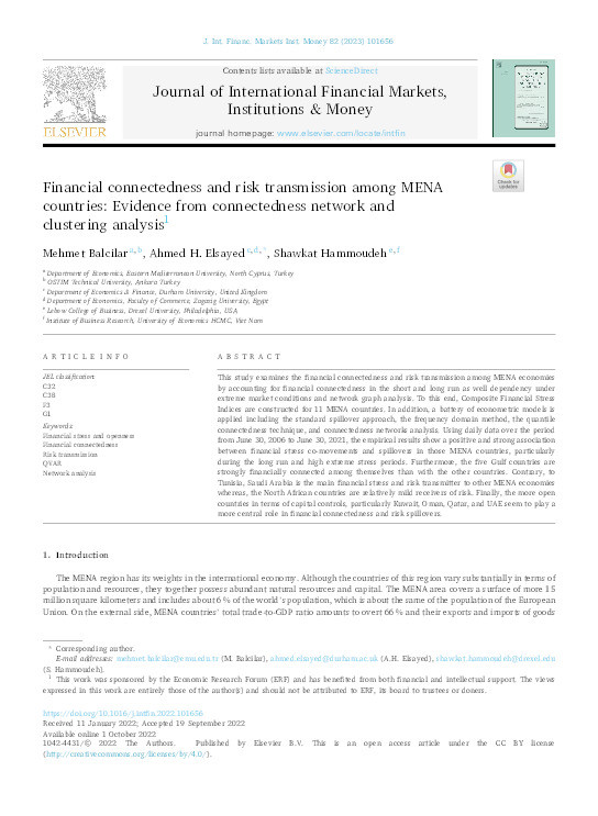 Financial connectedness and risk transmission among MENA countries: Evidence from connectedness network and clustering analysis Thumbnail