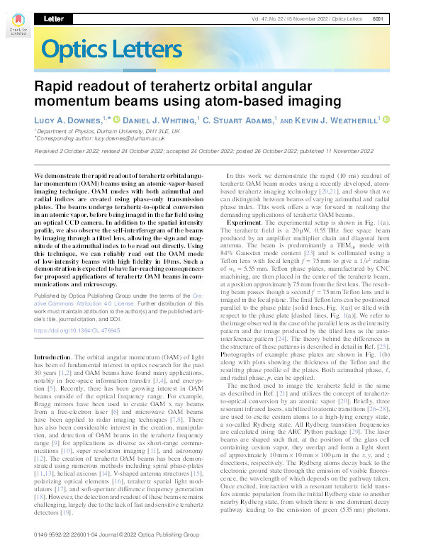 Rapid readout of terahertz orbital angular momentum beams using atom-based imaging Thumbnail