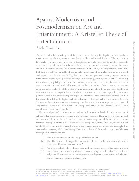 Against Modernism and Postmodernism on Art and Entertainment: A Kristeller Thesis of Entertainment Thumbnail