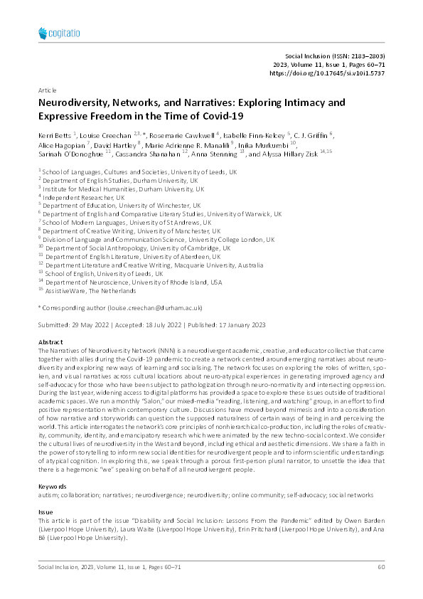 Neurodiversity, Networks, and Narratives: Exploring Intimacy and Expressive Freedom in the Time of Covid‐19 Thumbnail