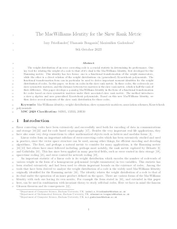 The MacWilliams Identity for the Skew Rank Metric Thumbnail
