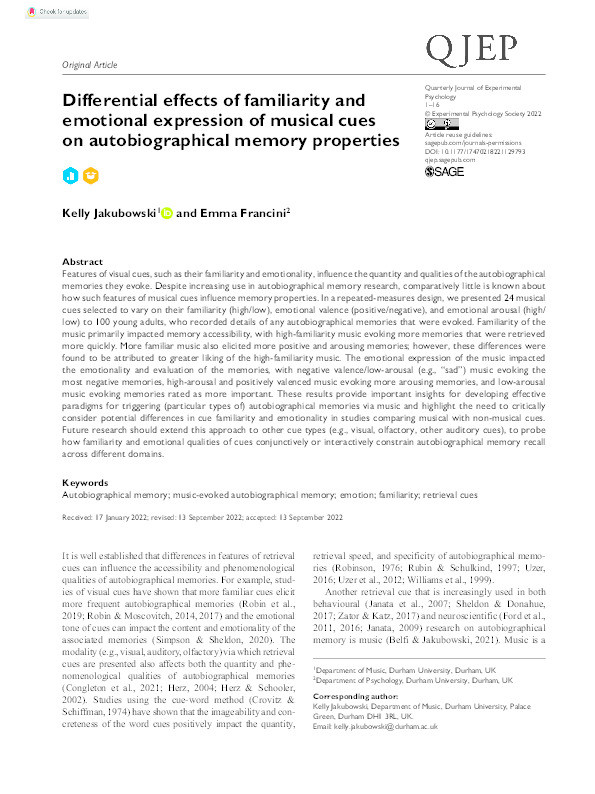 Differential effects of familiarity and emotional expression of musical cues on autobiographical memory properties Thumbnail