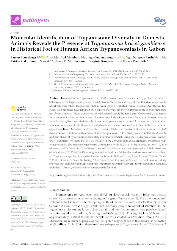 Molecular Identification of Trypanosome Diversity in Domestic Animals Reveals the Presence of Trypanosoma brucei gambiense in Historical Foci of Human African Trypanosomiasis in Gabon Thumbnail