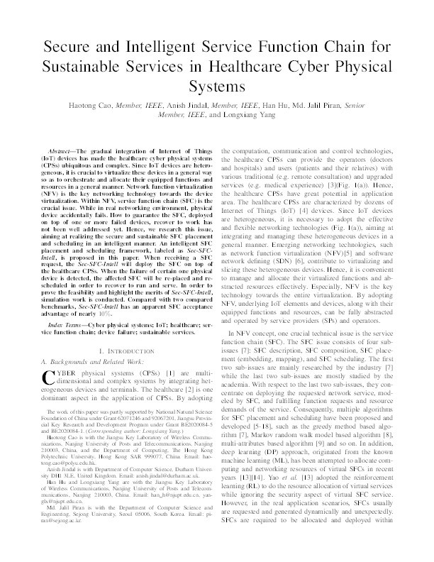 Secure and Intelligent Service Function Chain for Sustainable Services in Healthcare Cyber Physical Systems Thumbnail