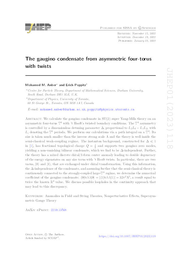 The gaugino condensate from asymmetric four-torus with twists Thumbnail