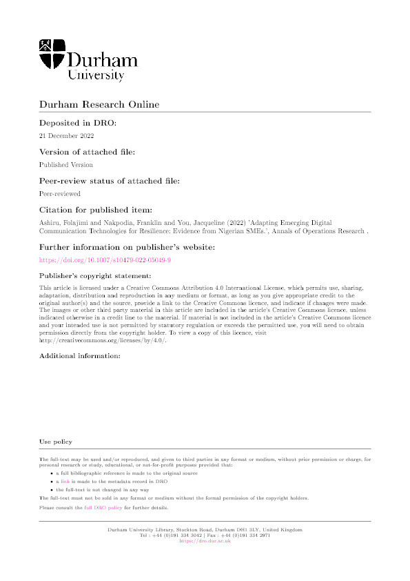 Adapting Emerging Digital Communication Technologies for Resilience: Evidence from Nigerian SMEs Thumbnail