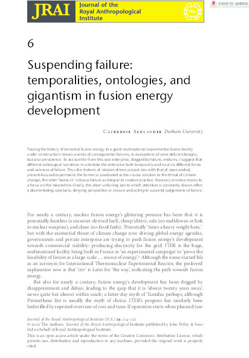 Suspending failure: temporalities, ontologies and gigantism in fusion energy development Thumbnail