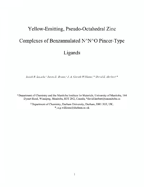 Yellow-Emitting, Pseudo-Octahedral Zinc Complexes of Benzannulated N^N^O Pincer-Type Ligands Thumbnail